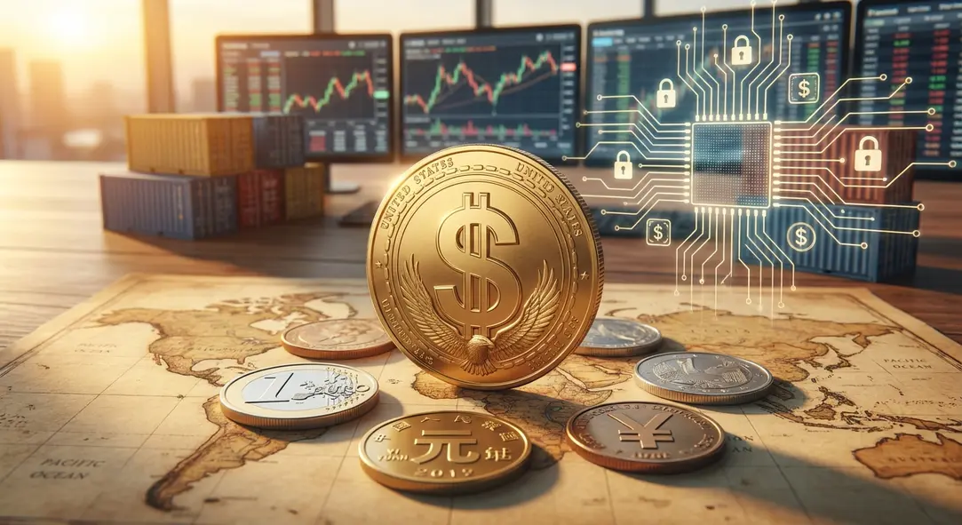 Biểu tượng USD giữa nền tài chính toàn cầu, bên cạnh các đồng tiền và hạ tầng thanh toán mới.