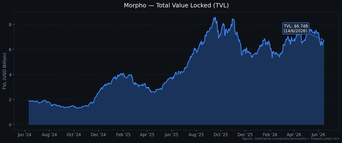 Morpho TVL tăng trưởng từ 2024 đến 2026 theo dữ liệu DefiLlama