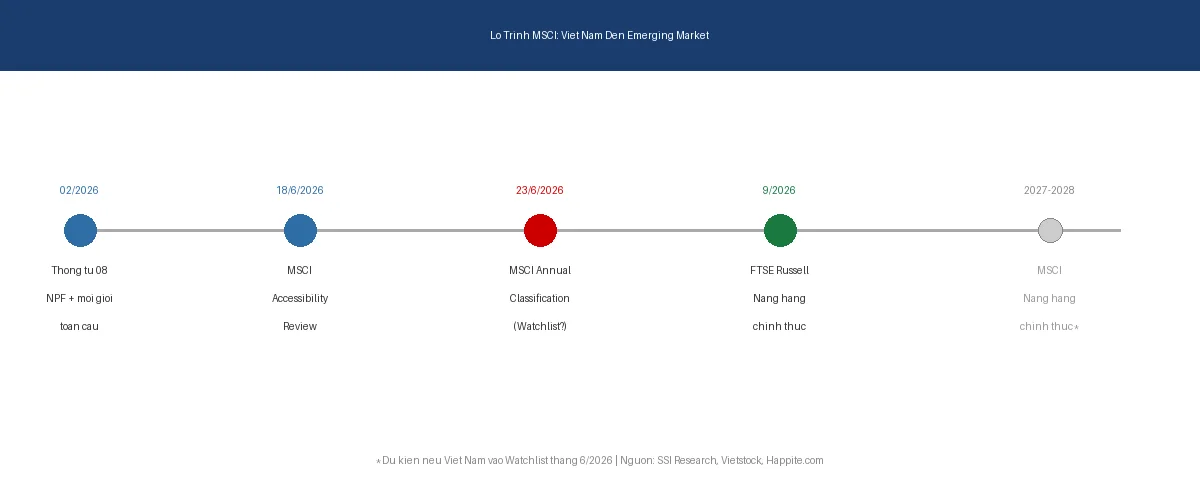 Timeline lo trinh MSCI Viet Nam tu thang 2/2026 den Watchlist thang 6 va nang hang 2027-2028
