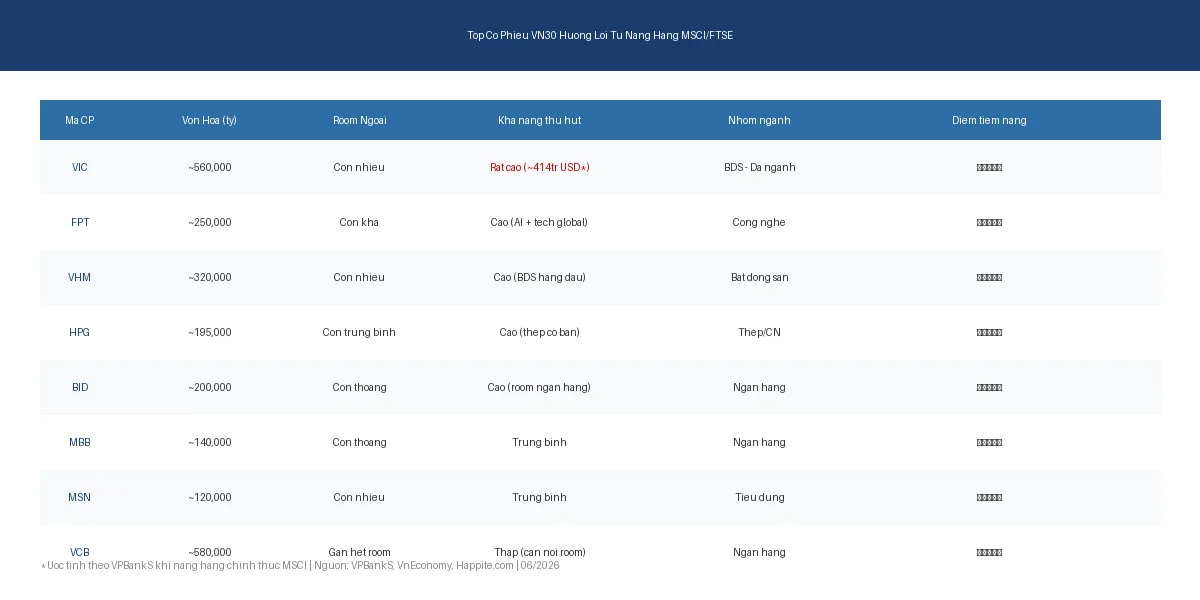 Bang top co phieu VN30 huong loi tu nang hang MSCI FTSE Russell 2026 theo von hoa va room ngoai