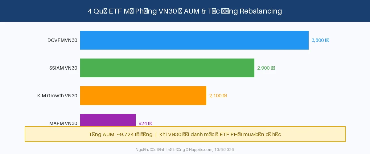 4 quỹ ETF mô phỏng VN30 và AUM tổng 9724 tỷ đồng