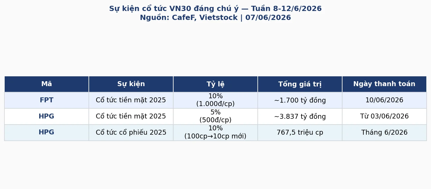 Bảng tóm tắt cổ tức FPT và HPG tháng 6/2026 VN30