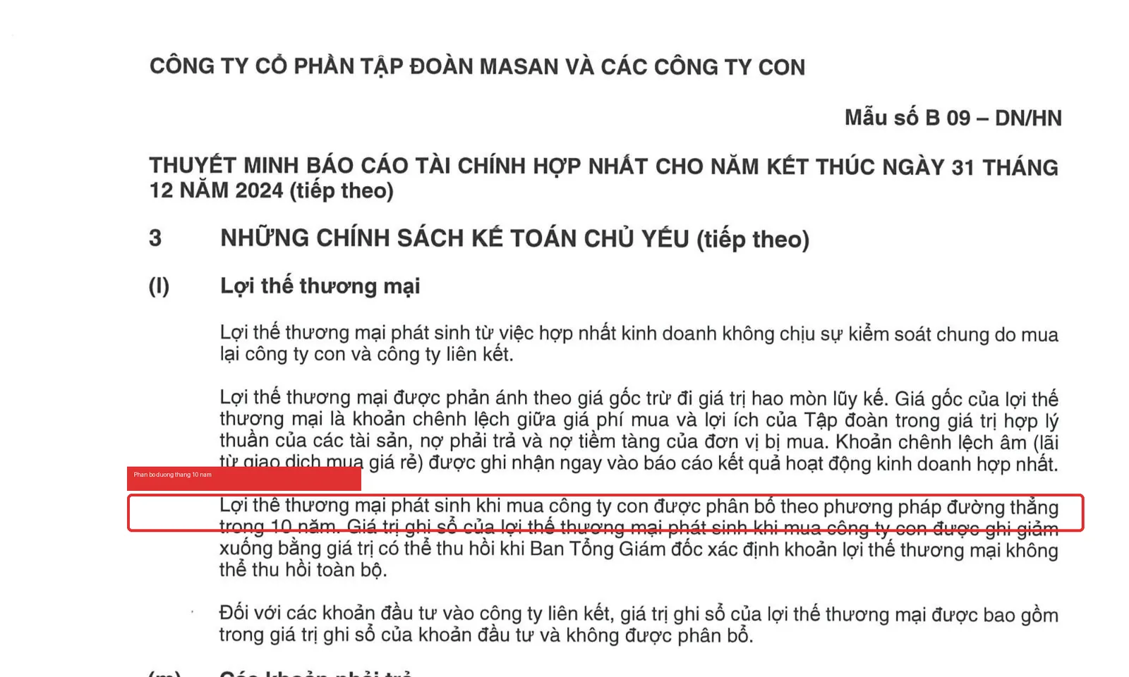 Thuyết minh chính sách kế toán MSN 2024 khoanh đỏ đoạn lợi thế thương mại phân bổ đường thẳng 10 năm