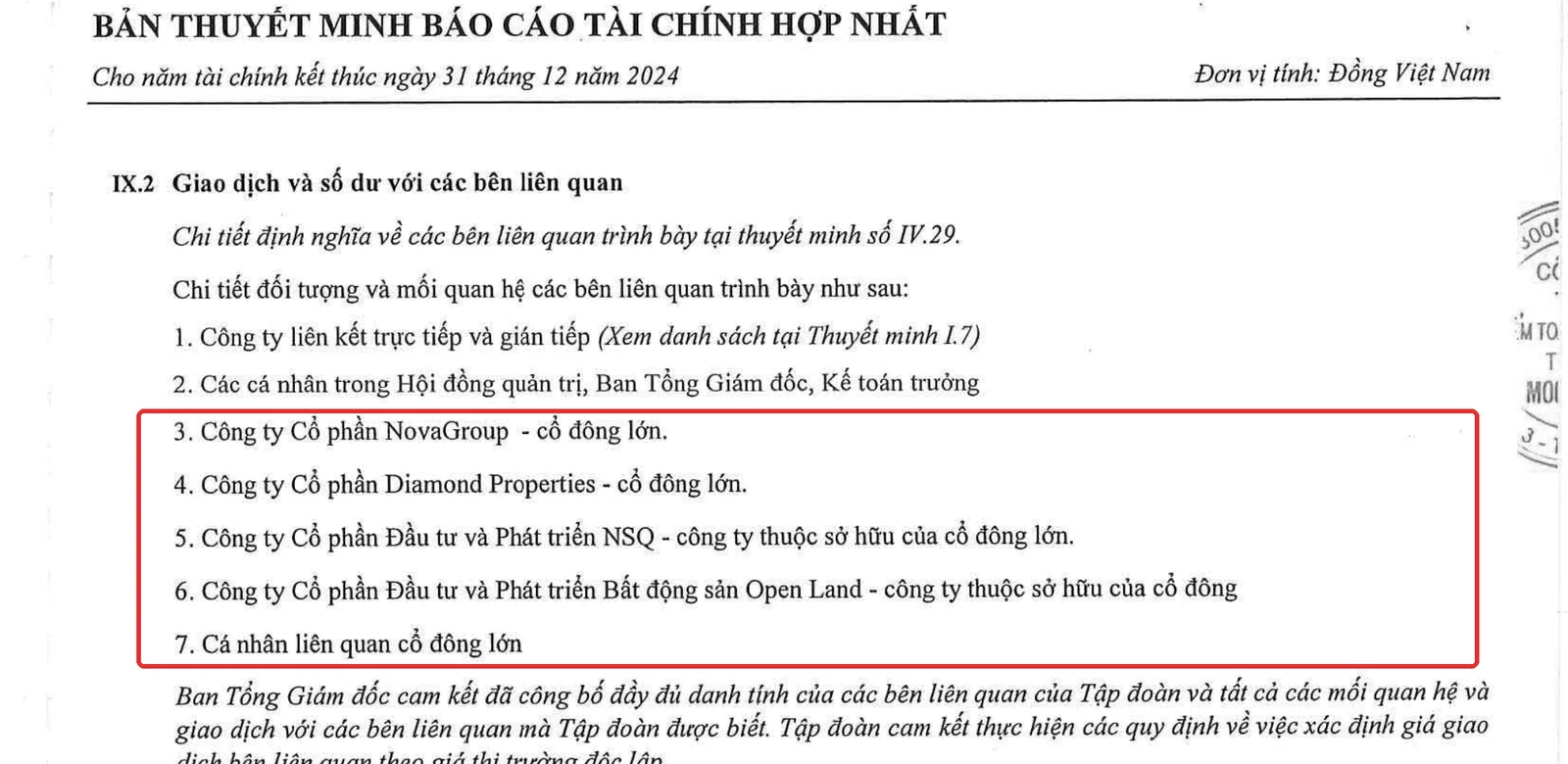 Thuyết minh BCTC Novaland 2024 khoanh đỏ danh sách các nhóm bên liên quan gồm cổ đông lớn và công ty liên quan