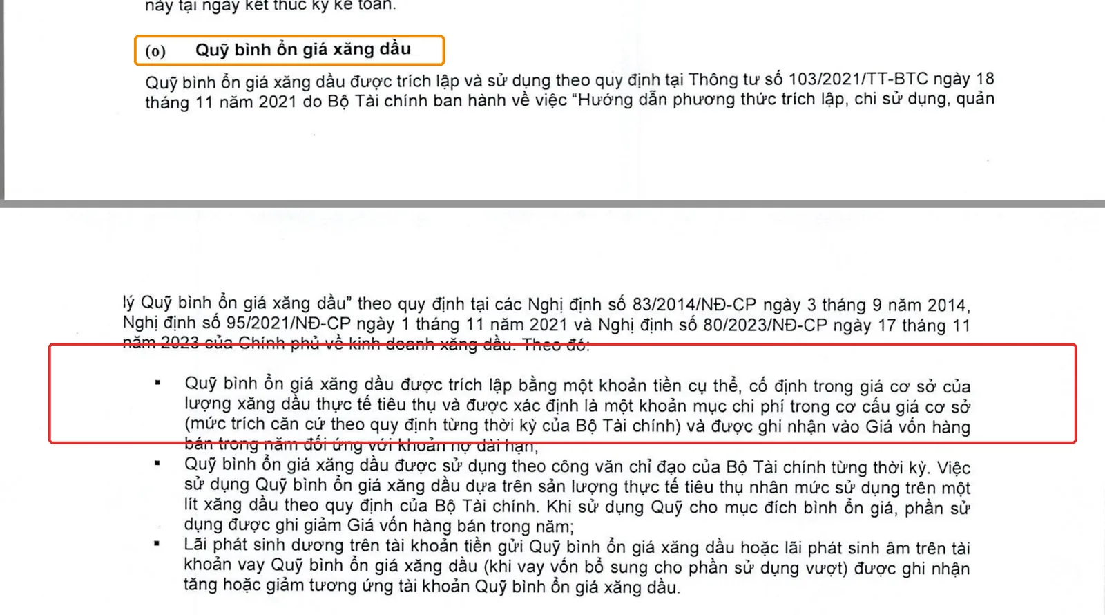 Thuyết minh chính sách kế toán Quỹ bình ổn giá xăng dầu PLX khoanh đỏ cơ chế trích lập vào giá vốn hàng bán