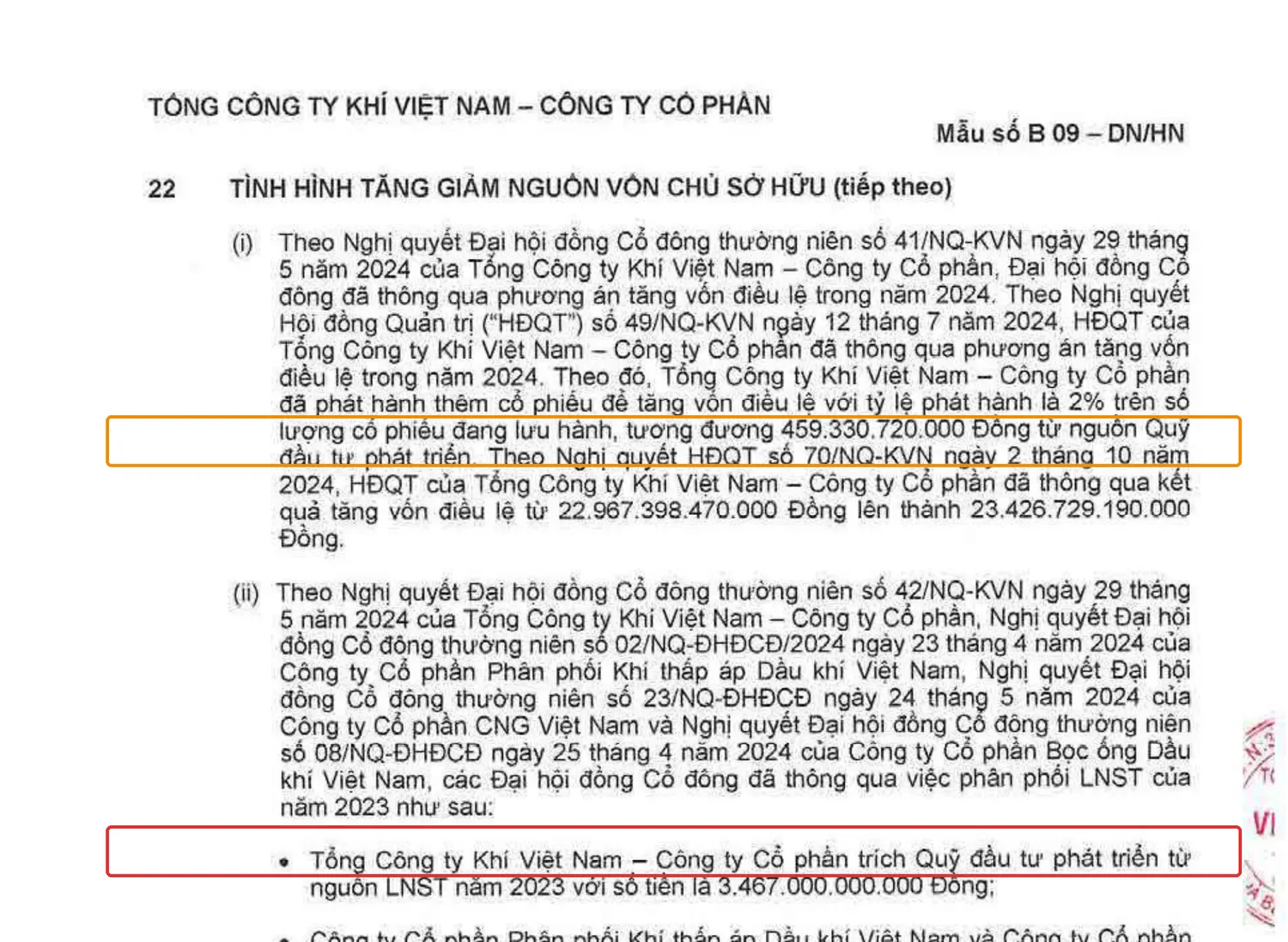 Thuyết minh BCTC PV GAS khoanh đỏ đoạn trích lập 3.467 tỷ và khoanh cam đoạn dùng quỹ phát hành cổ phiếu thưởng