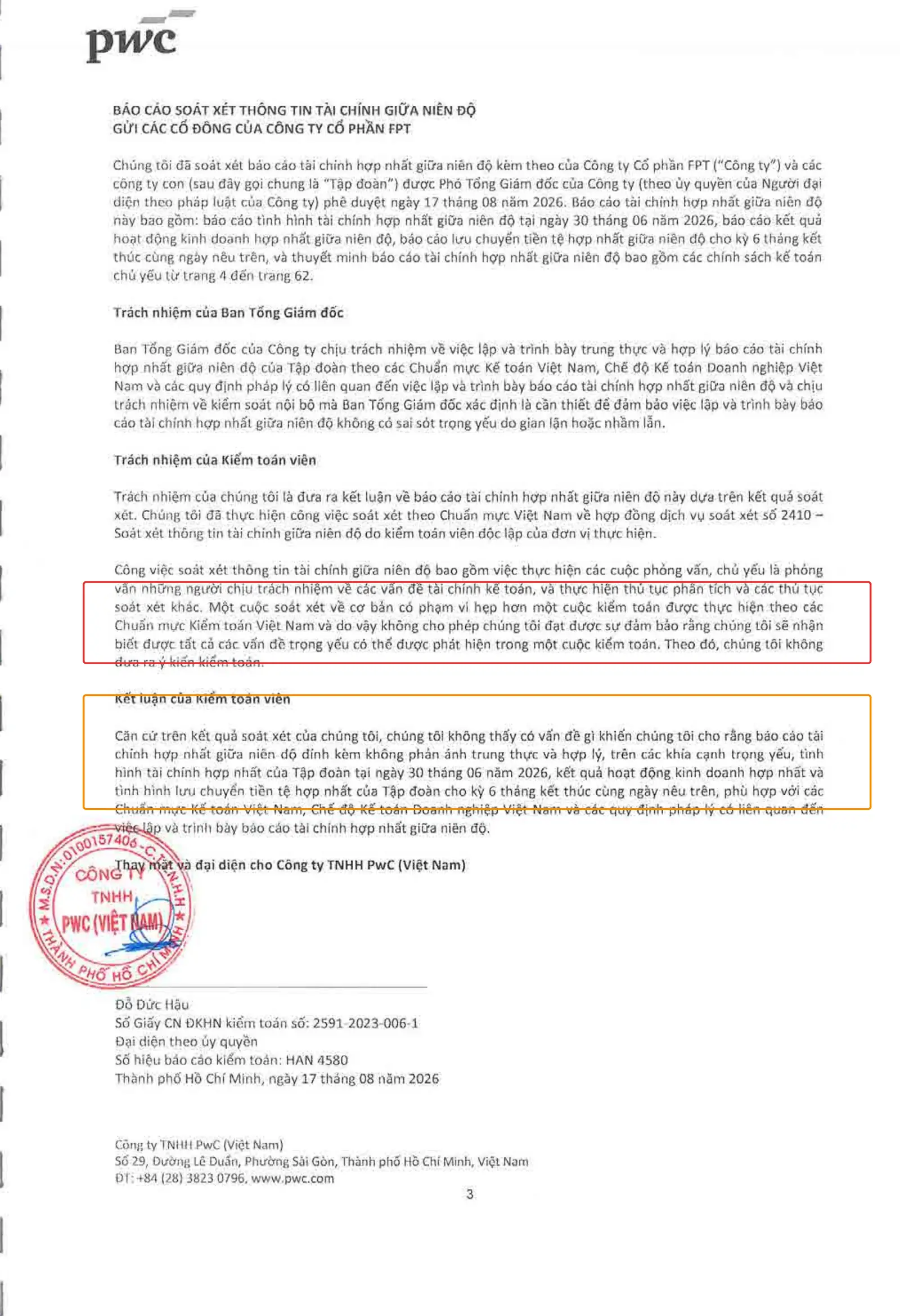 Trang báo cáo soát xét PwC khoanh đỏ đoạn giới hạn phạm vi soát xét và không đưa ra ý kiến kiểm toán