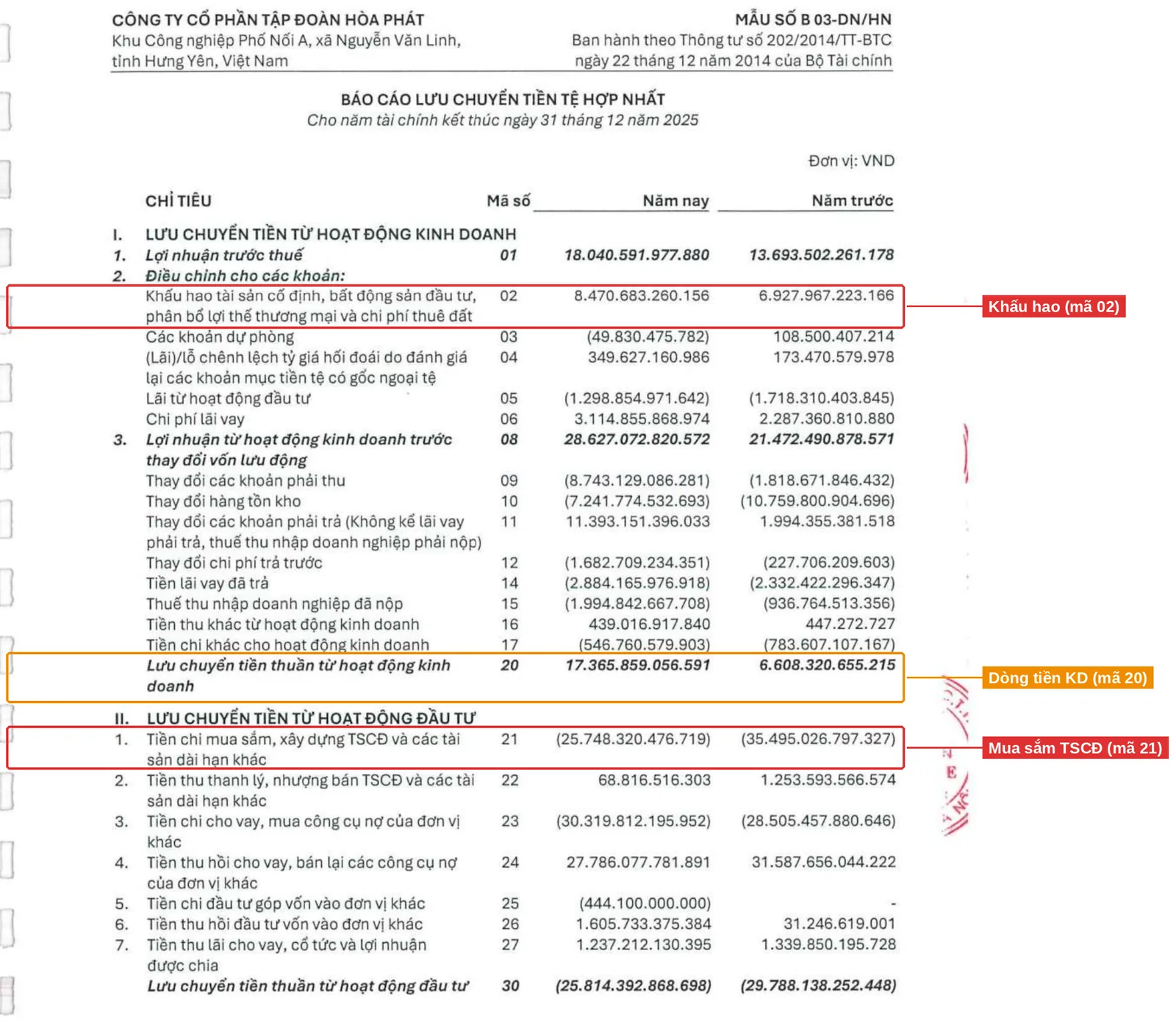 Báo cáo lưu chuyển tiền tệ HPG 2025 khoanh đỏ khấu hao mã 02, dòng tiền kinh doanh mã 20, mua sắm TSCĐ mã 21