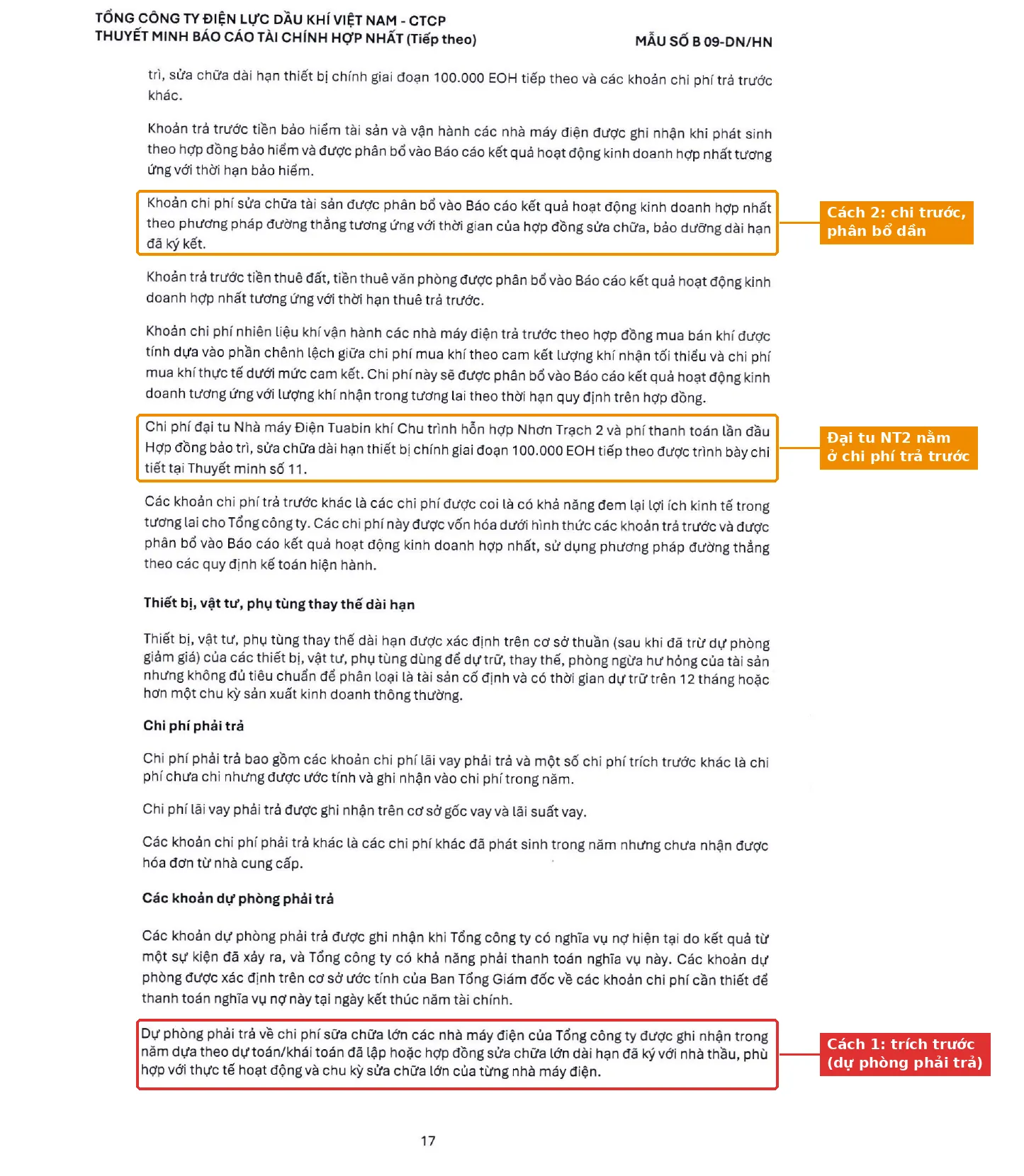 Thuyết minh chính sách kế toán POW 2025, khoanh đỏ dự phòng sửa chữa lớn nhà máy điện và khoanh cam phân bổ chi phí sửa chữa