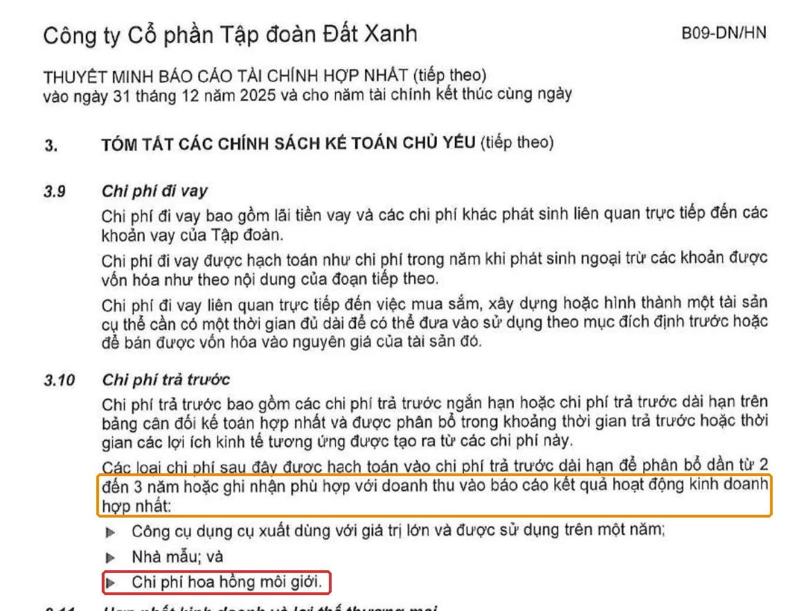 Thuyết minh chính sách DXG 2025 khoanh đỏ dòng chi phí hoa hồng môi giới phân bổ phù hợp với doanh thu
