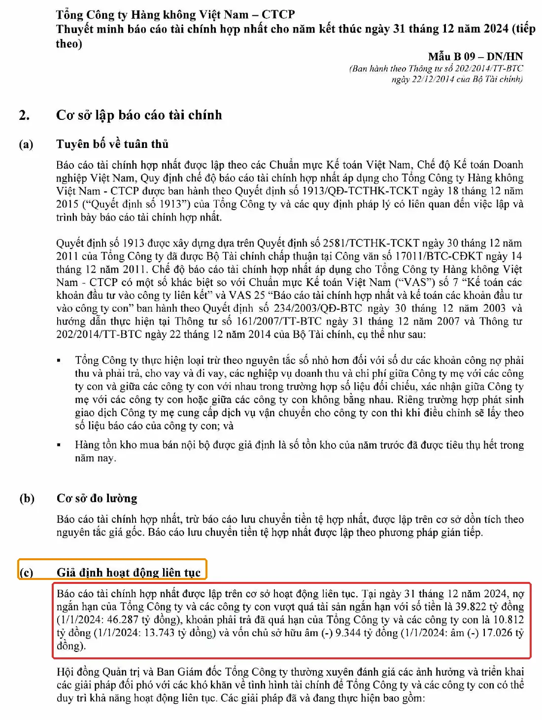 Thuyết minh 2(c) hoạt động liên tục BCTC HVN 2024 khoanh đỏ: nợ quá hạn 10.812 tỷ, vốn chủ sở hữu âm