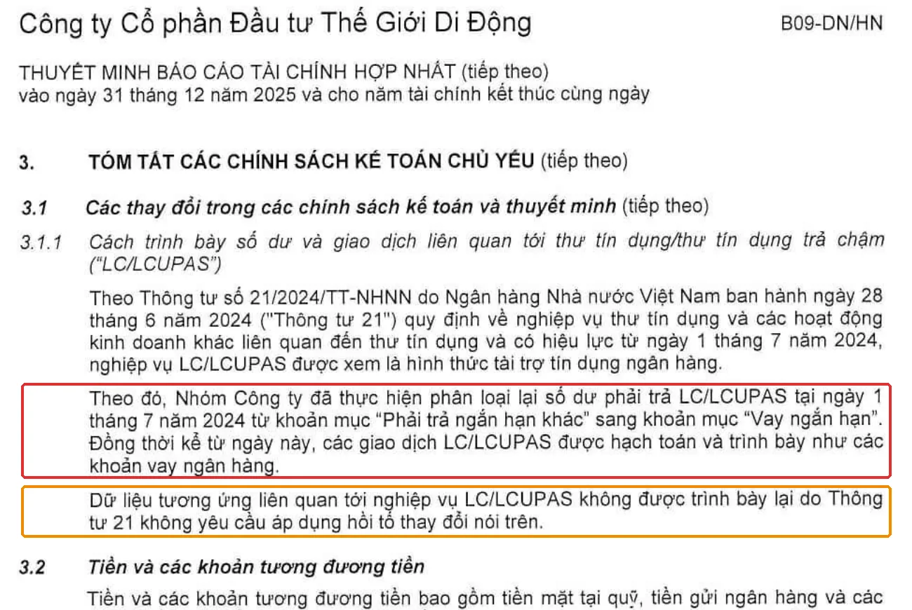 Thuyết minh 3.1.1 MWG: phân loại lại LC/LCUPAS từ Phải trả ngắn hạn khác sang Vay ngắn hạn, khung đỏ và cam