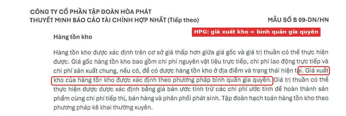 BCTC HPG 2025 khoanh đỏ câu giá xuất kho theo phương pháp bình quân gia quyền