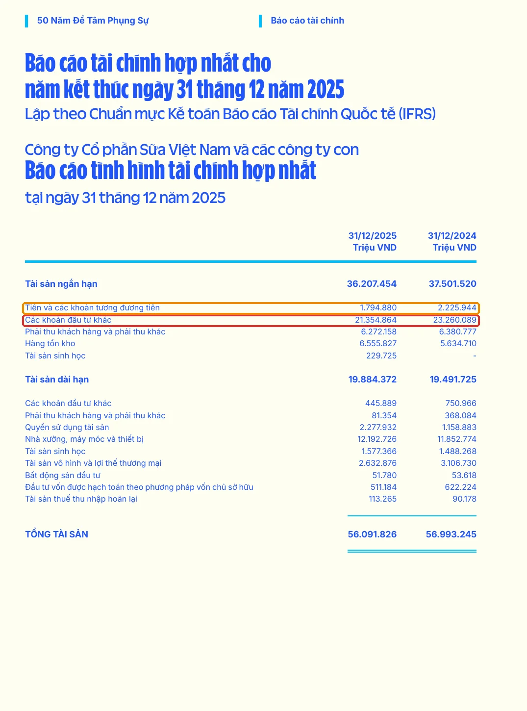 Bảng cân đối Vinamilk 31/12/2025: dòng Tiền và tương đương tiền 1.794.880 triệu (cam) và Các khoản đầu tư khác 21.354.864 triệu (đỏ)